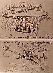 El tornillo aéreo (arriba), 1486, considerado el antecesor del helicóptero. (abajo) Experimento sobre la fuerza de sustentación de un ala.