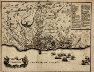 plano ingles de la ciudad de Alicante, que muestra la situación militar en 1709.