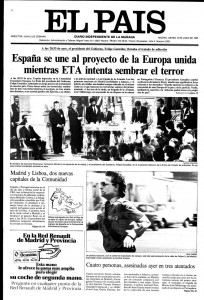 Portada de El País de 13 de junio de 1985 Adhesión a la Comunidad Económica Europea Fuente: El País