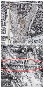 Arriba: Antes de la construcción del Pont Neuf - Fragmento del Plano de Saint-Victor (1550); Abajo: el Pont Neuf - Fragmento del Plano de Merian (1615)