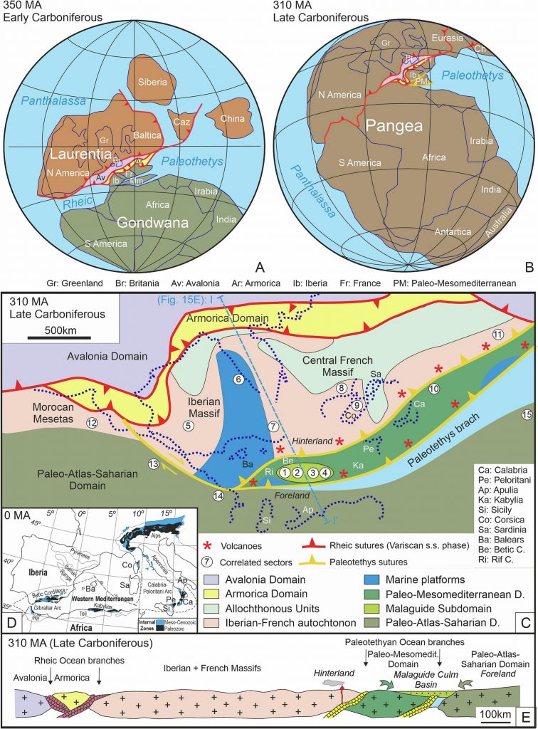 Paleogeographic-paleotectonic maps: A) global pre-Pangea situation (350 Ma, Early Carboniferous); B) global Pangea situation (310 Ma, Late Carboniferous); C) detail of the Pangea situation (310 Ma, Late Carboniferous) in the northern Gondwana area; D) nowadays situation; E) geological cross-section at 310 Ma,Late Carboniferous (located in Fig. 14C). A) and B) modified from Pérez-Estaún et al. (2004) and Vera (2004), C) modified from Arenas et al. (2016), D) modified from Vera (2004). In C appears the location of the studied sectors (1–4) in the Malaguide Subdomain from the Paleo-Mesomediterranean Domain, and the corelated sectors: Iberian (sectors 5–7) and Central French (sectors 8 and 9) Massifs, E Paleo-Mesomediterranean Domain (sector 10), Bohemian Massif (sector 11), Paleo- Atlas-Saharian Domain (sectors 12–14), and Arabian (sector 15)